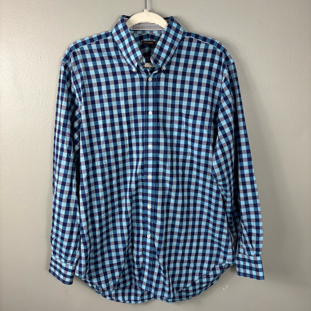 J McLaughlin Blue Plaid Cotton Button Down‎ Size L